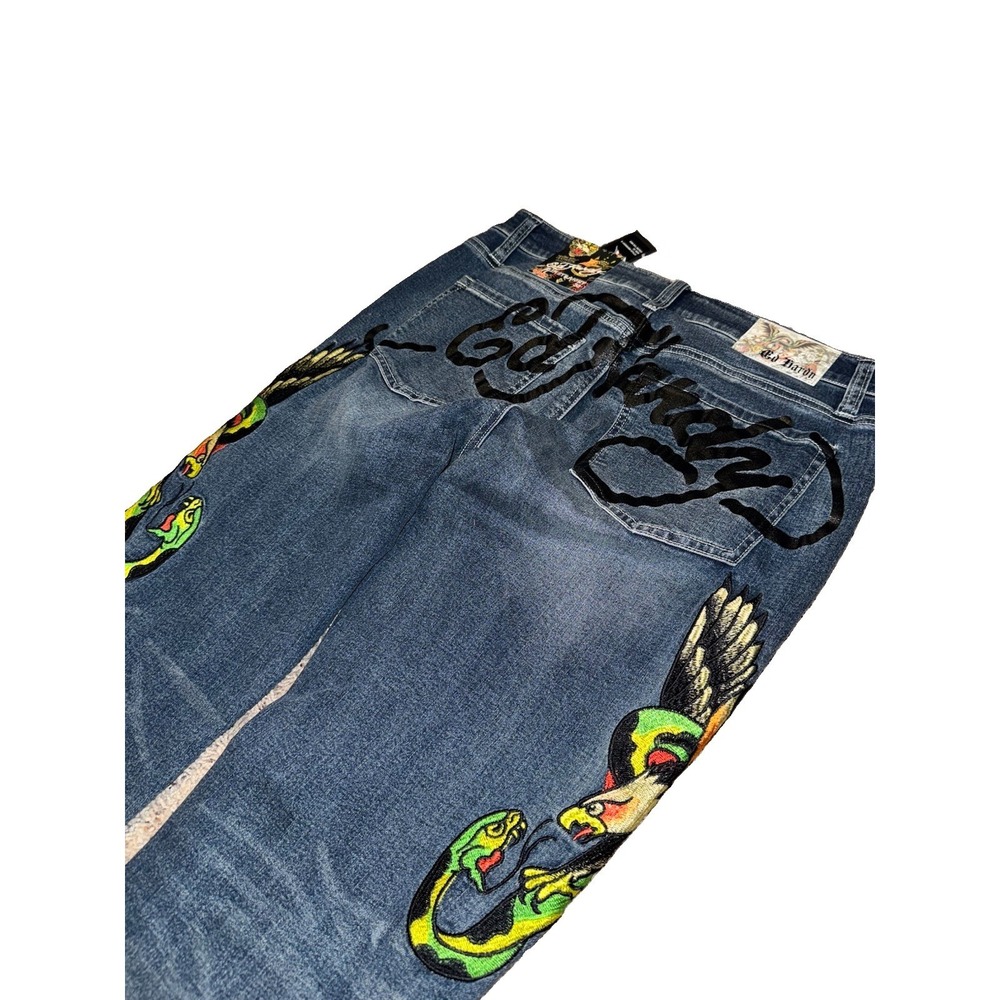 Y2K Ed Hardy Jeans Mens Blue NWT Slim Straight Embroidered Logo 32